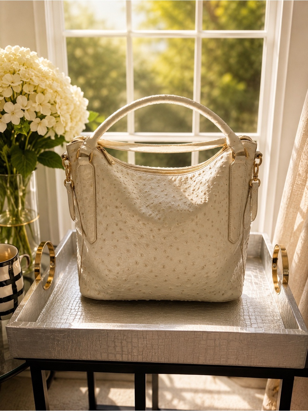 Brahmin Ivory Ostrich-Texture Hobo Shoulder Bag - Picture 3 of 9
